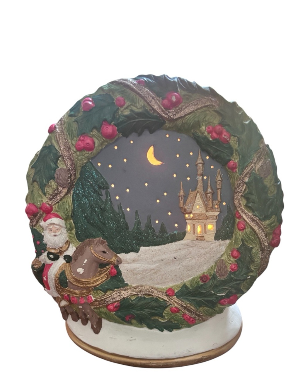 Ceramic Wreath Lighted North Pole Winter scene with a hand-painted Santa Claus